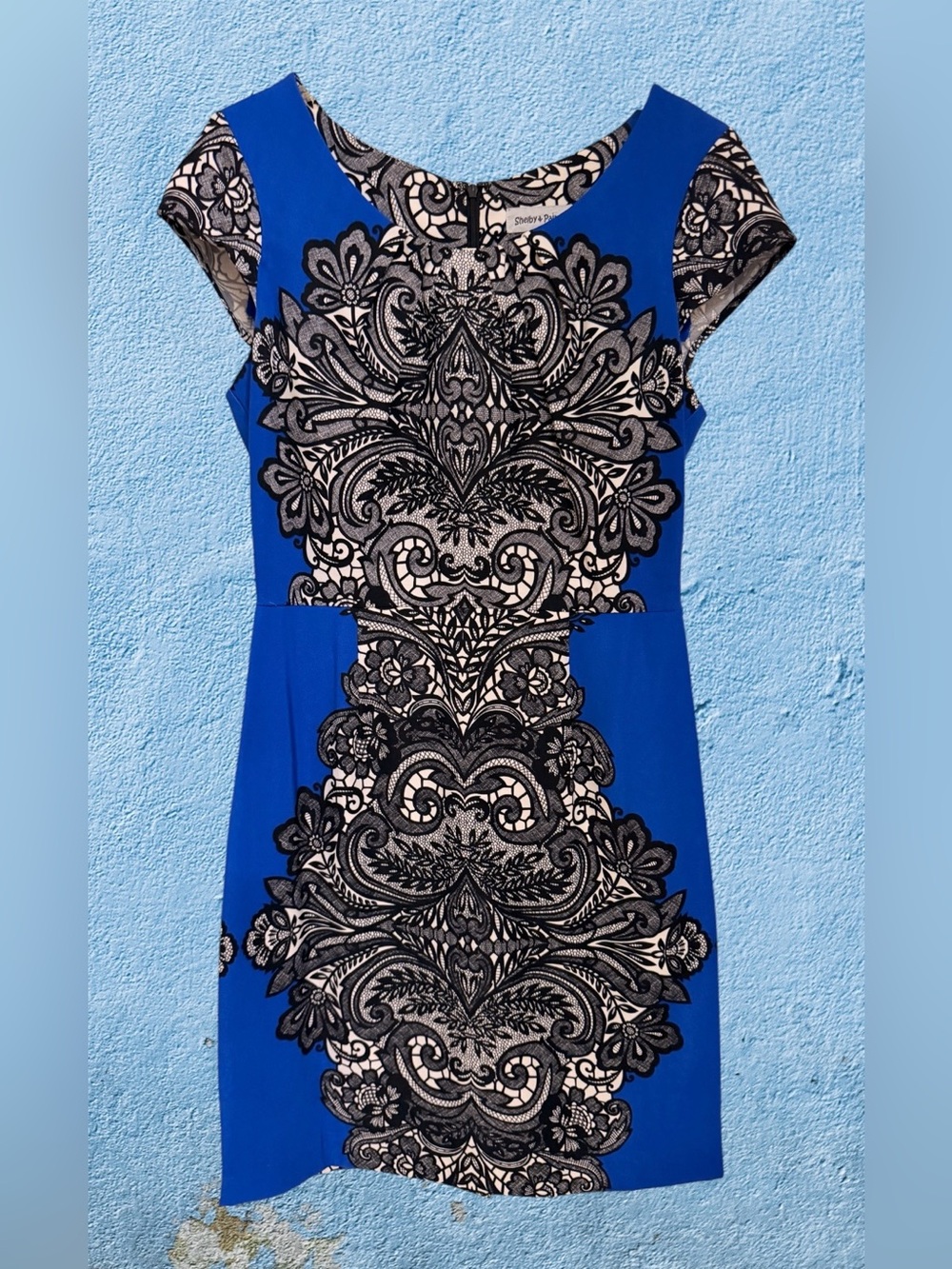 Shelby & Palmer Royal Blue Dress with Black Lace-Print, Stretch, Back Zip, Sz 8